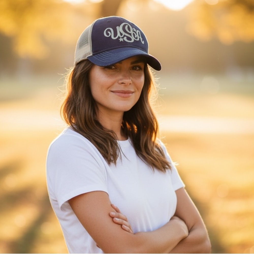 USA Trucker Hat Navy Tan Mesh Snapback Ladies Fit Outdoor Cap Patriotic